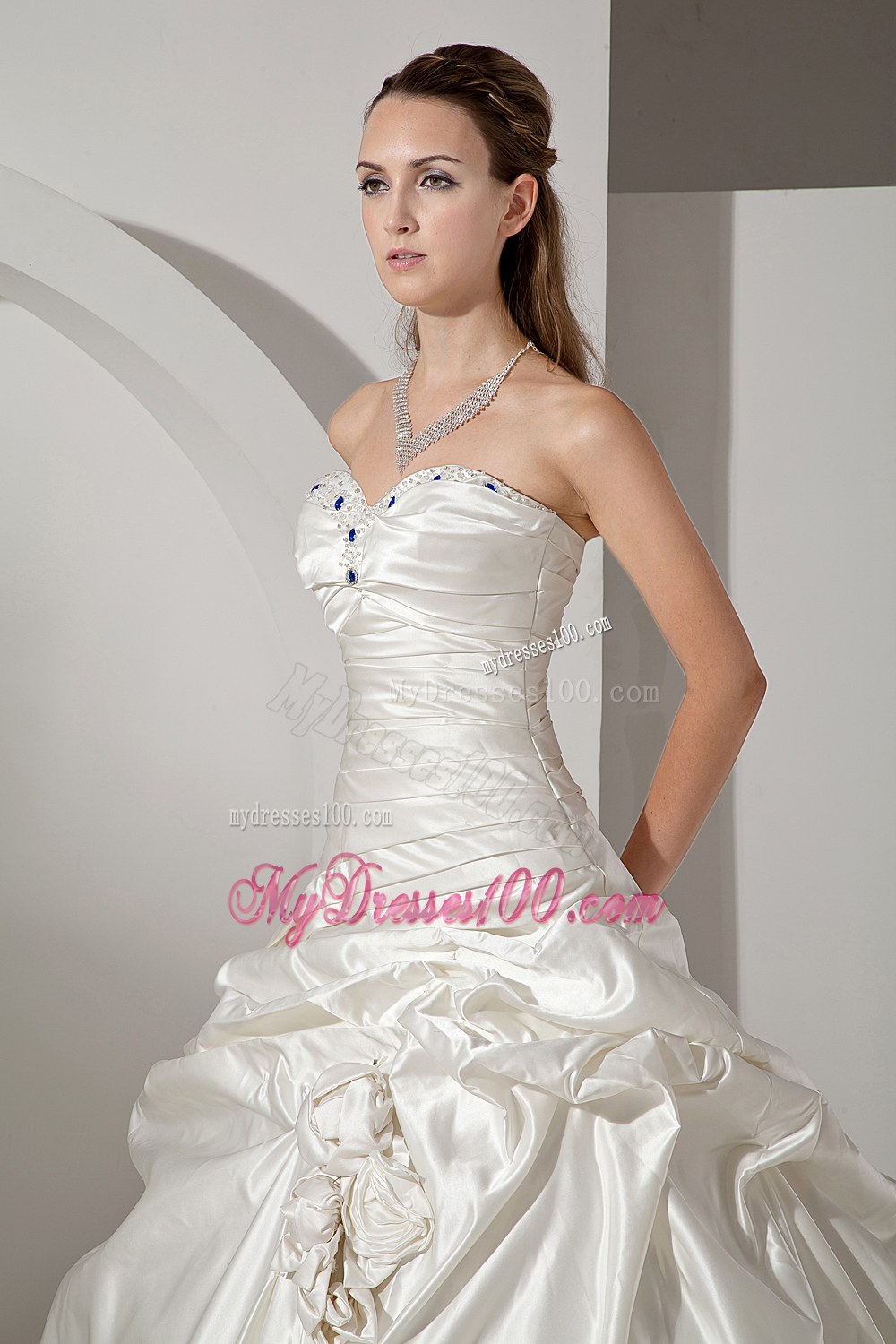 Formal Sweetheart Chapel Train Beaded Wedding Dress with Flowers