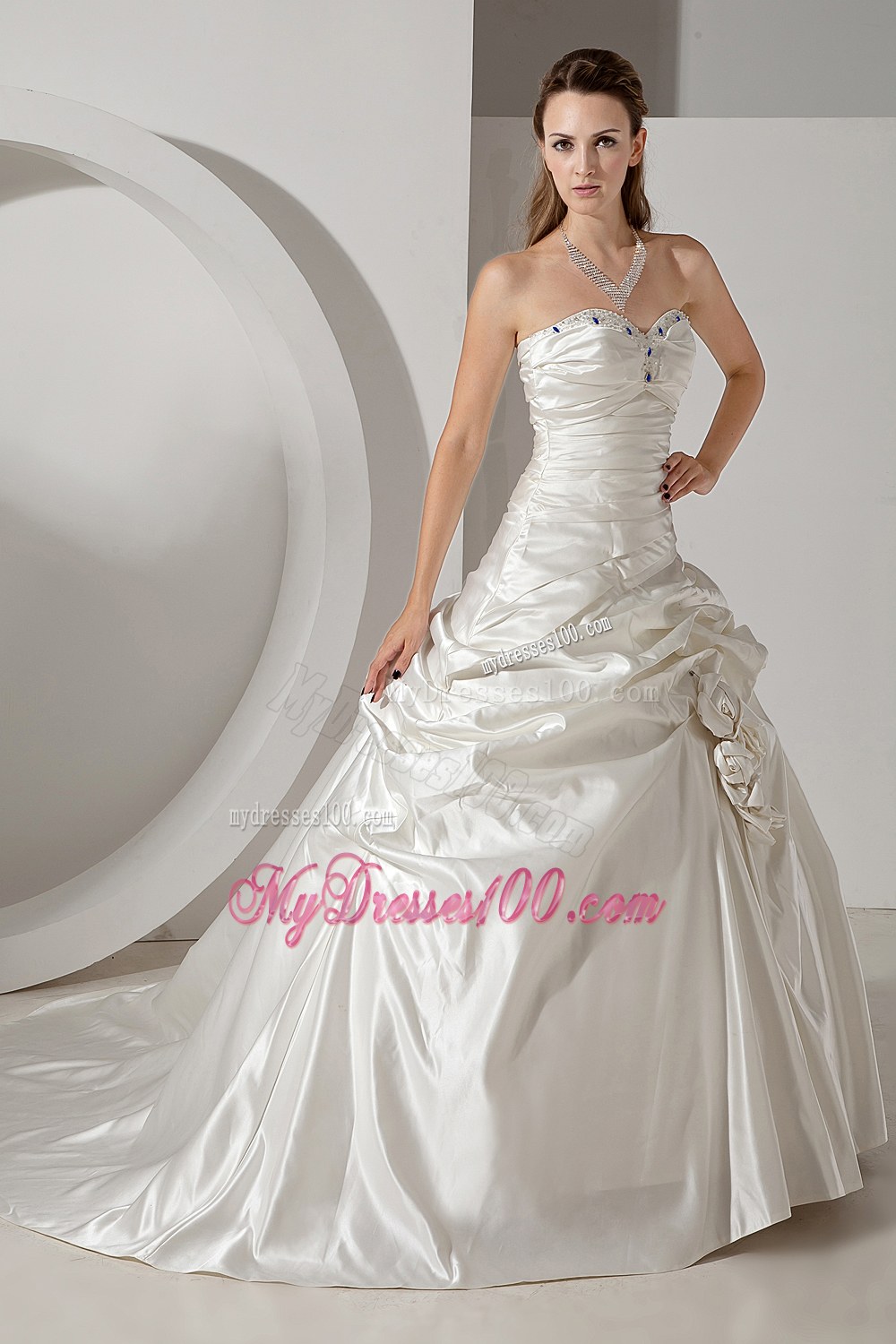 Formal Sweetheart Chapel Train Beaded Wedding Dress with Flowers