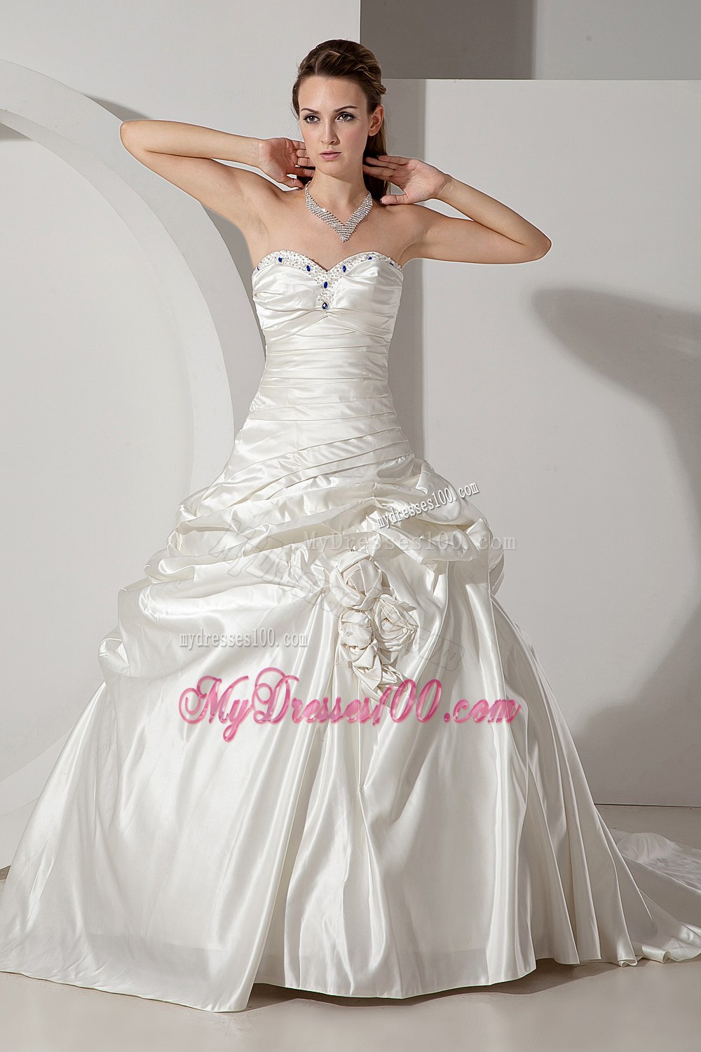 Formal Sweetheart Chapel Train Beaded Wedding Dress with Flowers
