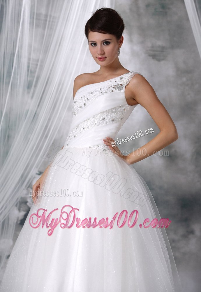 Popular One Shoulder Beaded Decorate Up Bodice Cheap Wedding Gowns