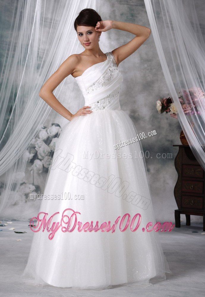 Popular One Shoulder Beaded Decorate Up Bodice Cheap Wedding Gowns