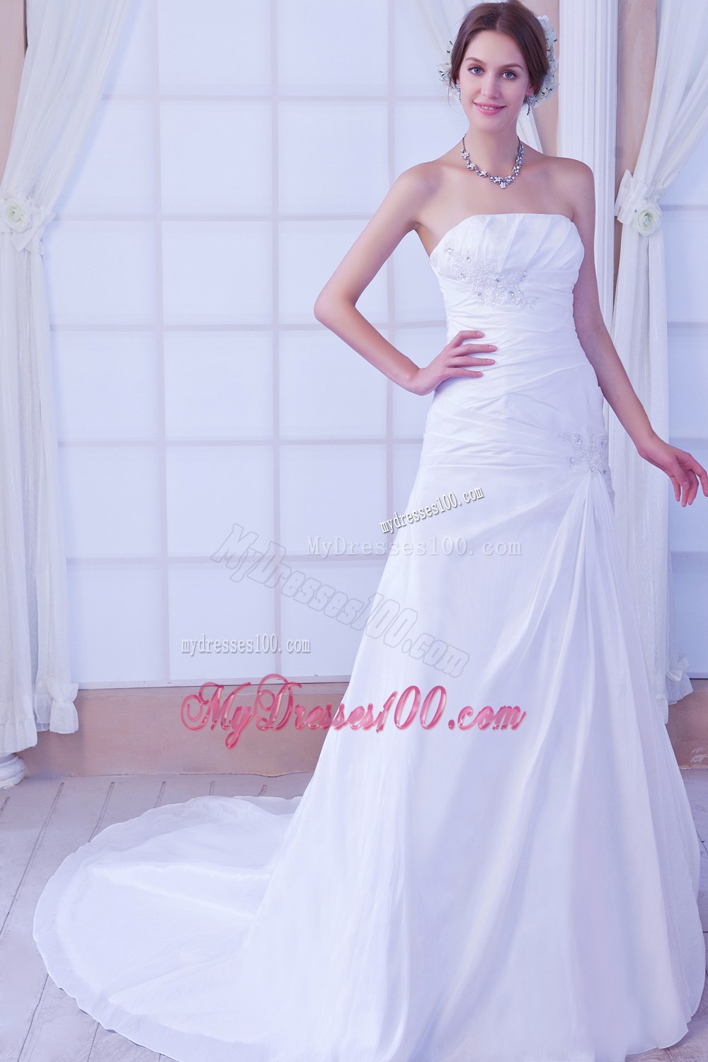 Gorgeous Strapless Chapel Train Wedding Dress with Beading