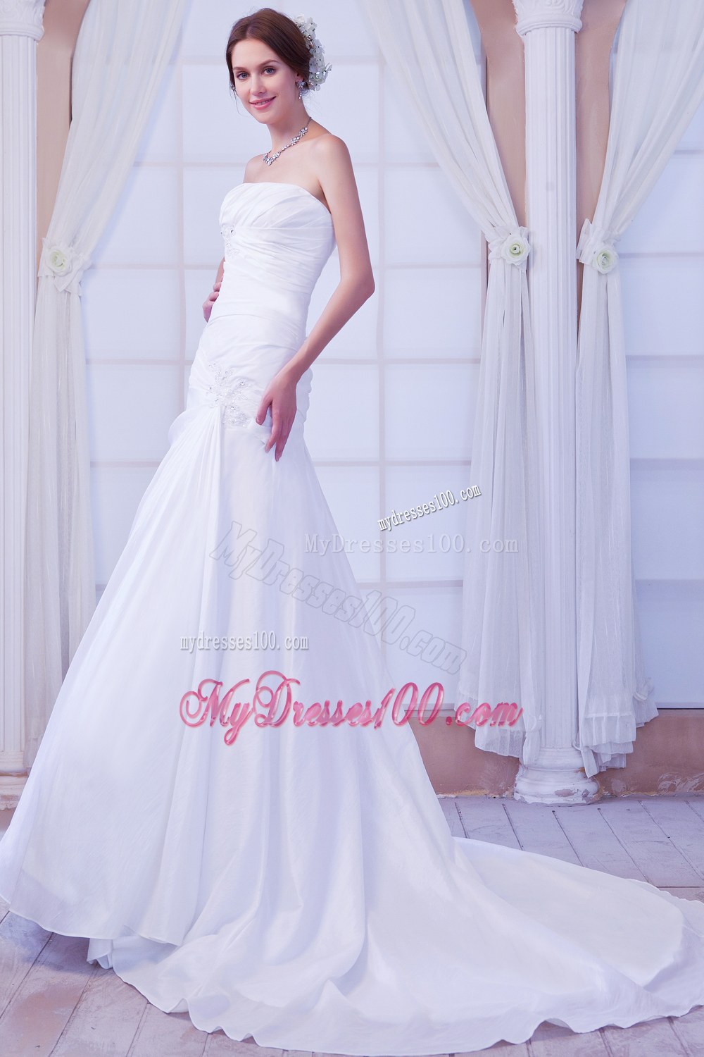 Gorgeous Strapless Chapel Train Wedding Dress with Beading