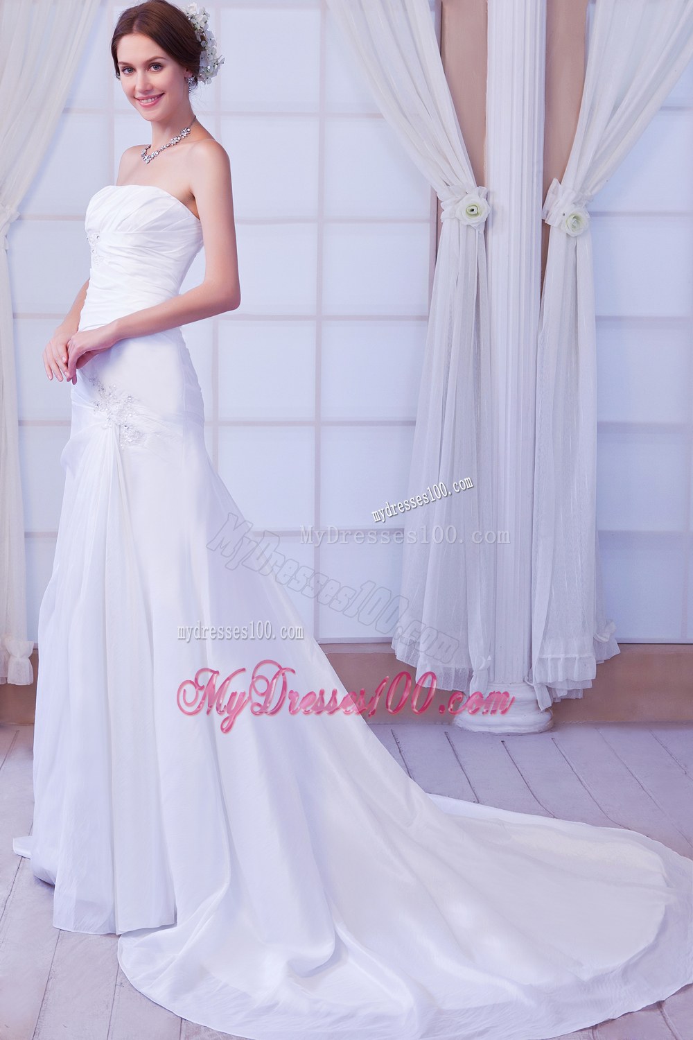 Gorgeous Strapless Chapel Train Wedding Dress with Beading