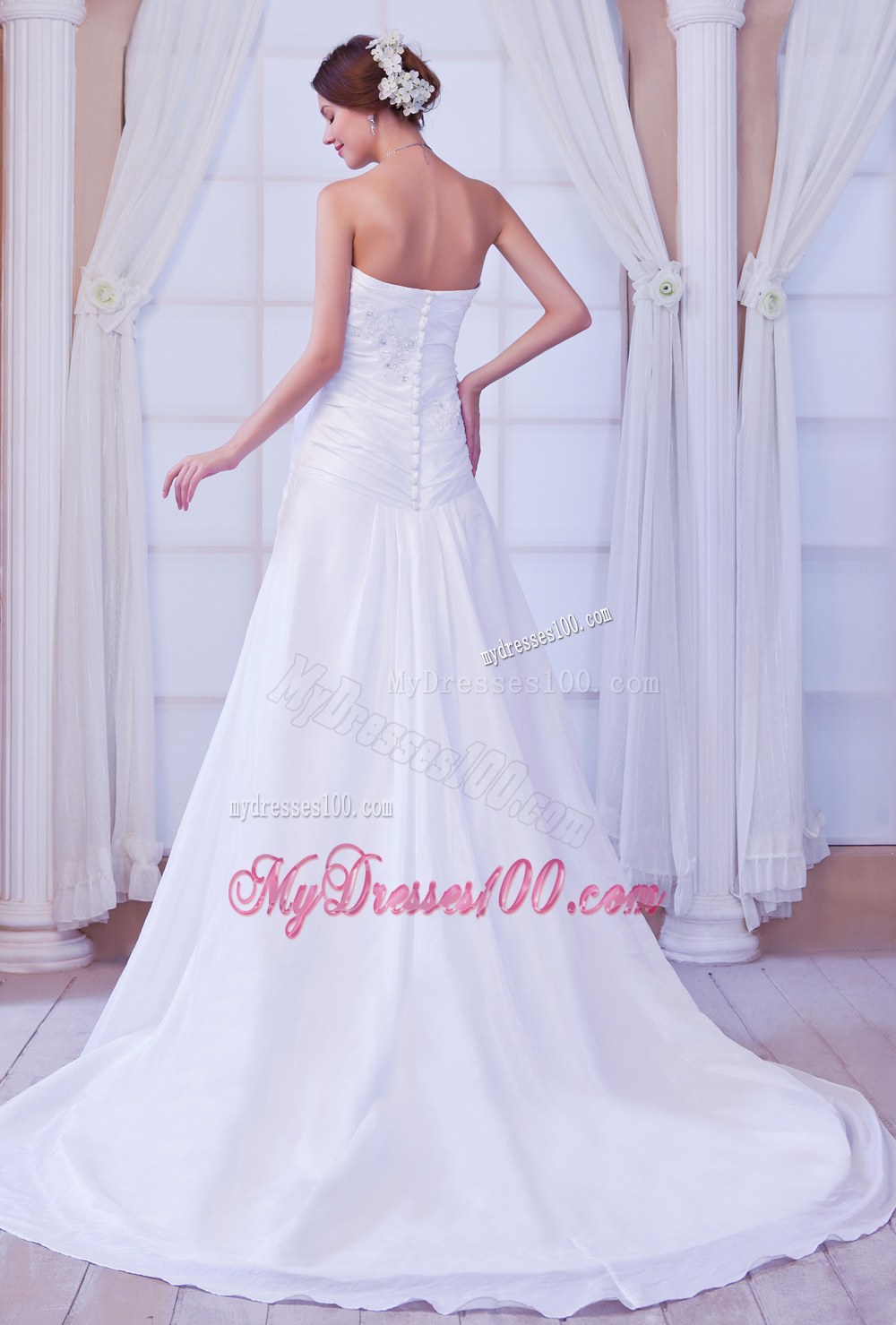 Gorgeous Strapless Chapel Train Wedding Dress with Beading