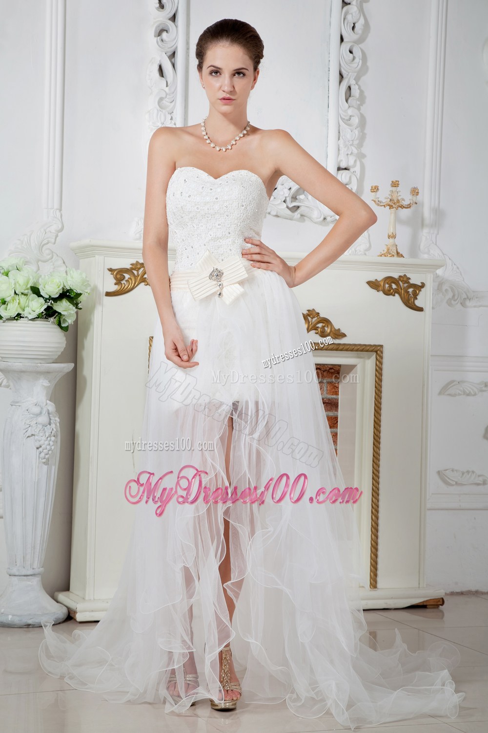 Empire Sweetheart Court Train Wedding Dress with Beading