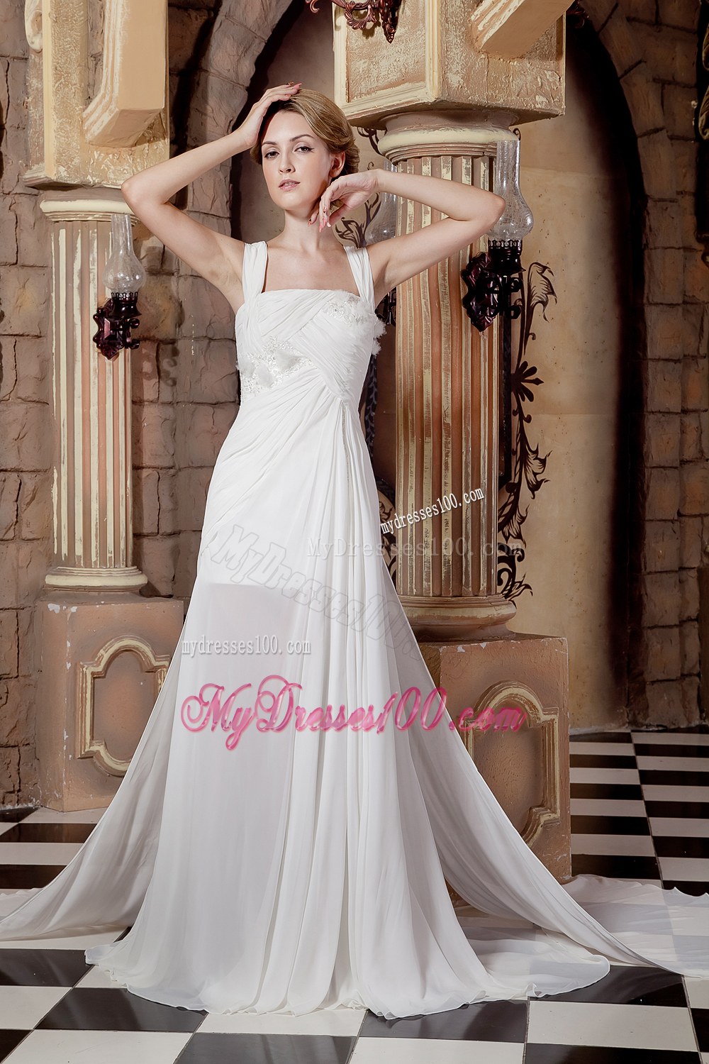 Graceful Empire Straps Watteau Train 2013 Beach Wedding Dress