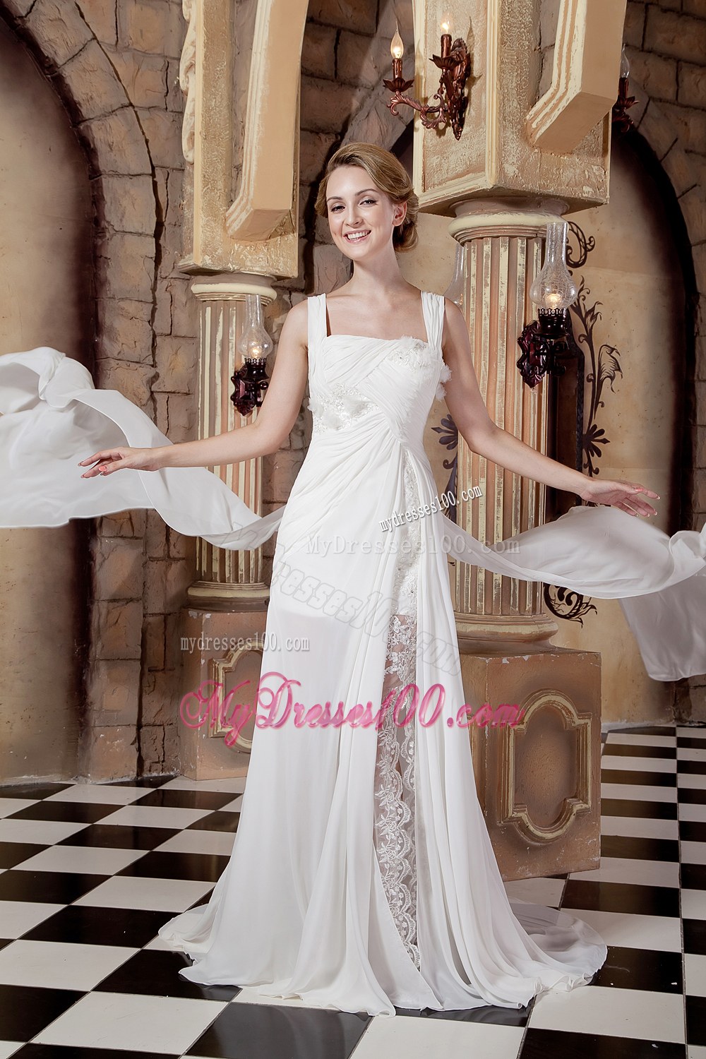 Graceful Empire Straps Watteau Train 2013 Beach Wedding Dress