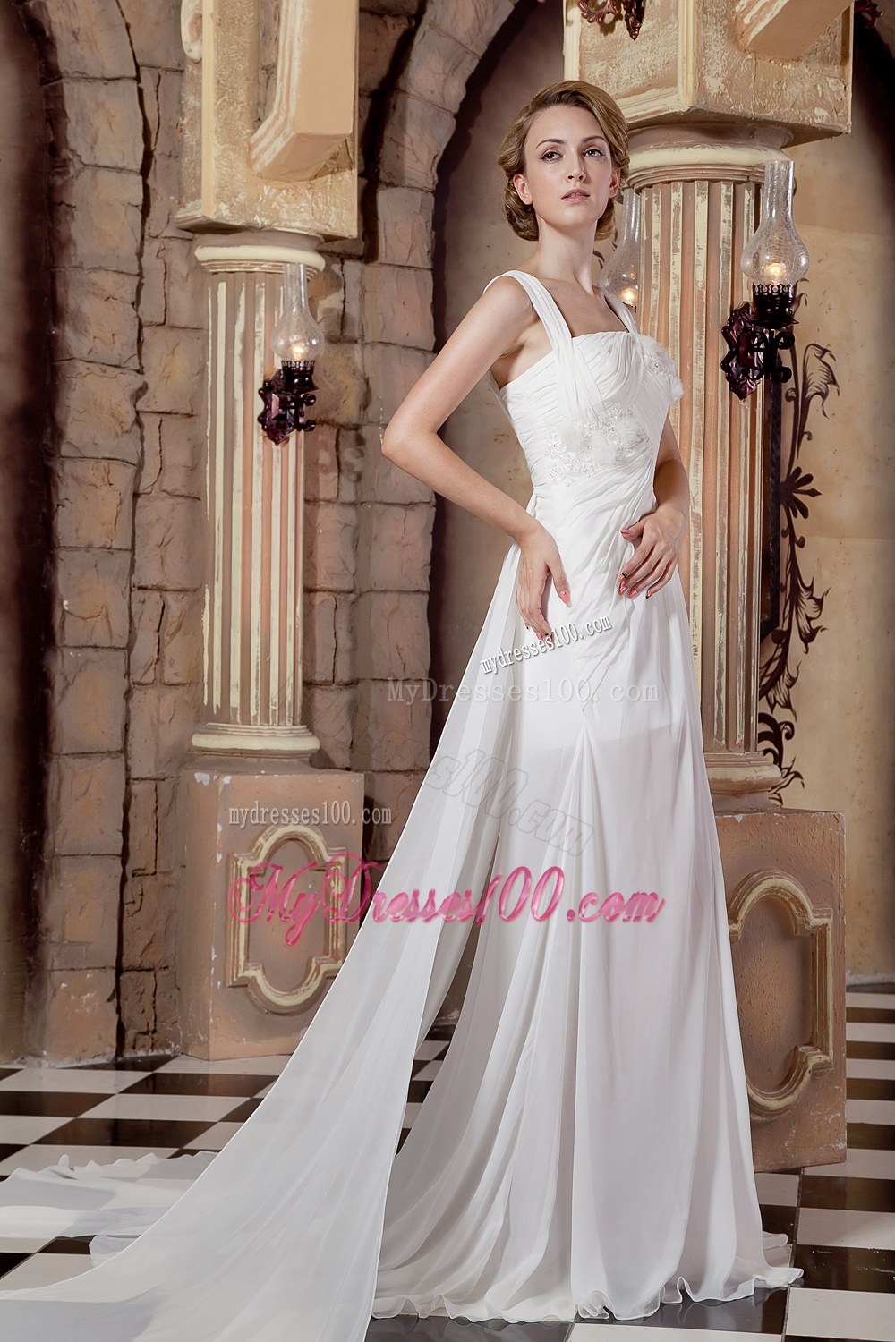 Graceful Empire Straps Watteau Train 2013 Beach Wedding Dress