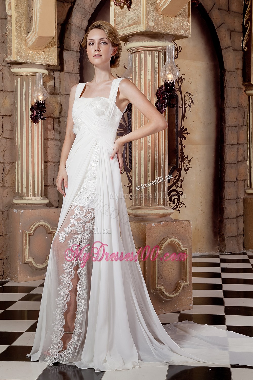 Graceful Empire Straps Watteau Train 2013 Beach Wedding Dress