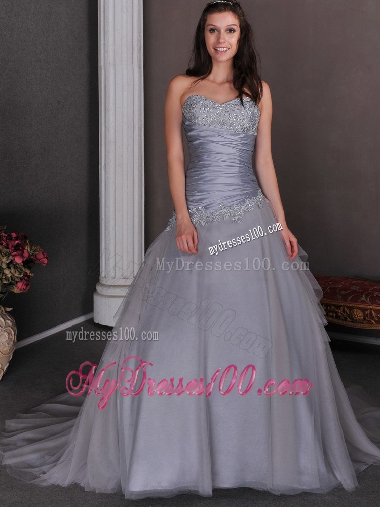 Beautiful Grey Wedding Dress with Ruched Sweetheart Court Train