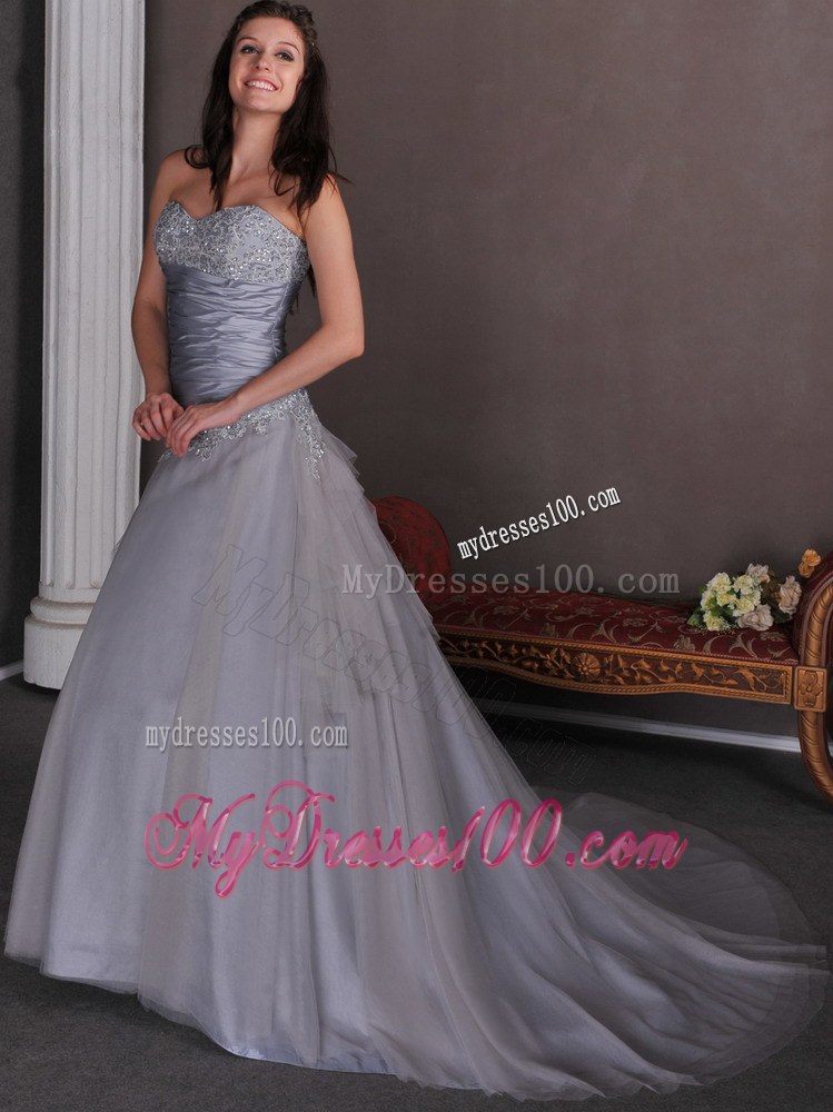Beautiful Grey Wedding Dress with Ruched Sweetheart Court Train