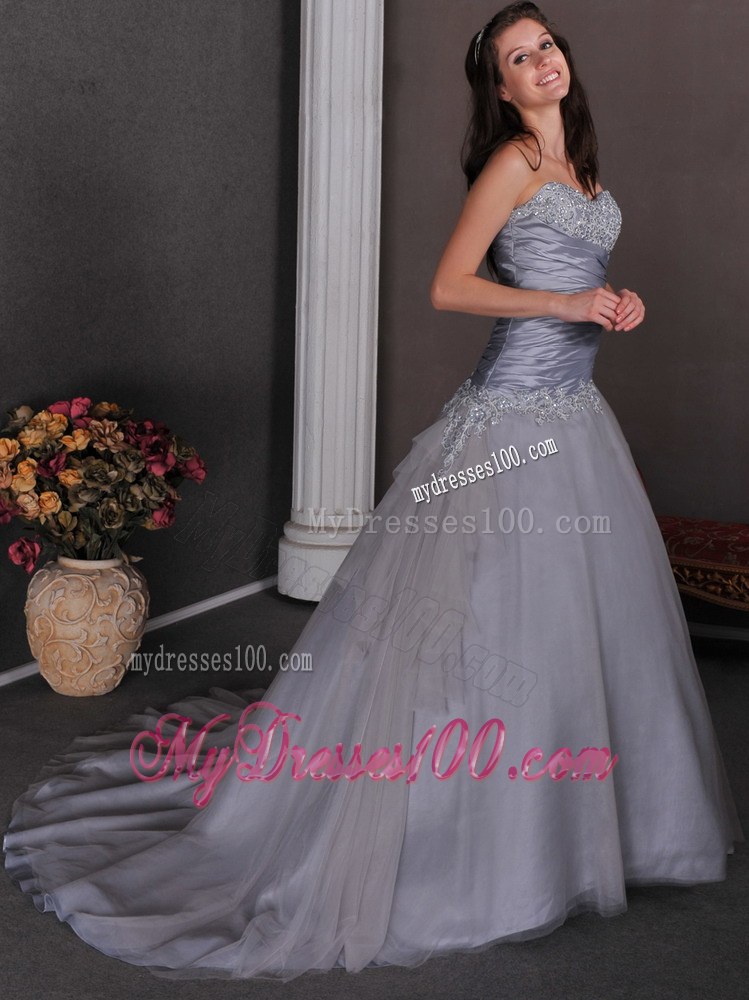Beautiful Grey Wedding Dress with Ruched Sweetheart Court Train