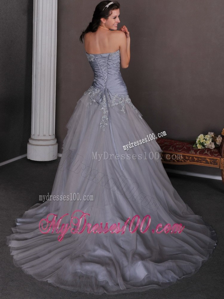Beautiful Grey Wedding Dress with Ruched Sweetheart Court Train