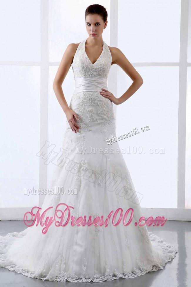 Halter Appliques Lace Court Train Modern Wedding Dress for 2013