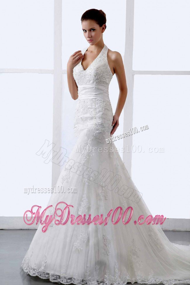 Halter Appliques Lace Court Train Modern Wedding Dress for 2013