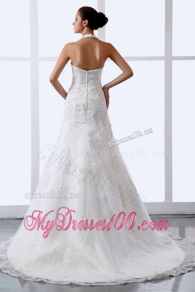 Halter Appliques Lace Court Train Modern Wedding Dress for 2013