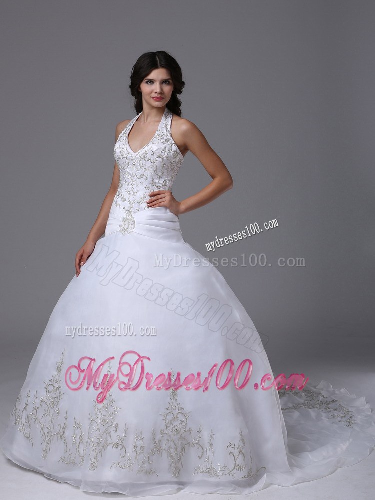 Halter Ball Gown Wedding Dress Embroidery for Custom Made