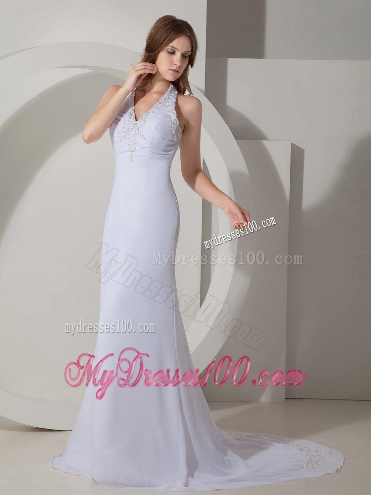 Elegant Wedding Dress Column / Sheath Halter Beading Court Train