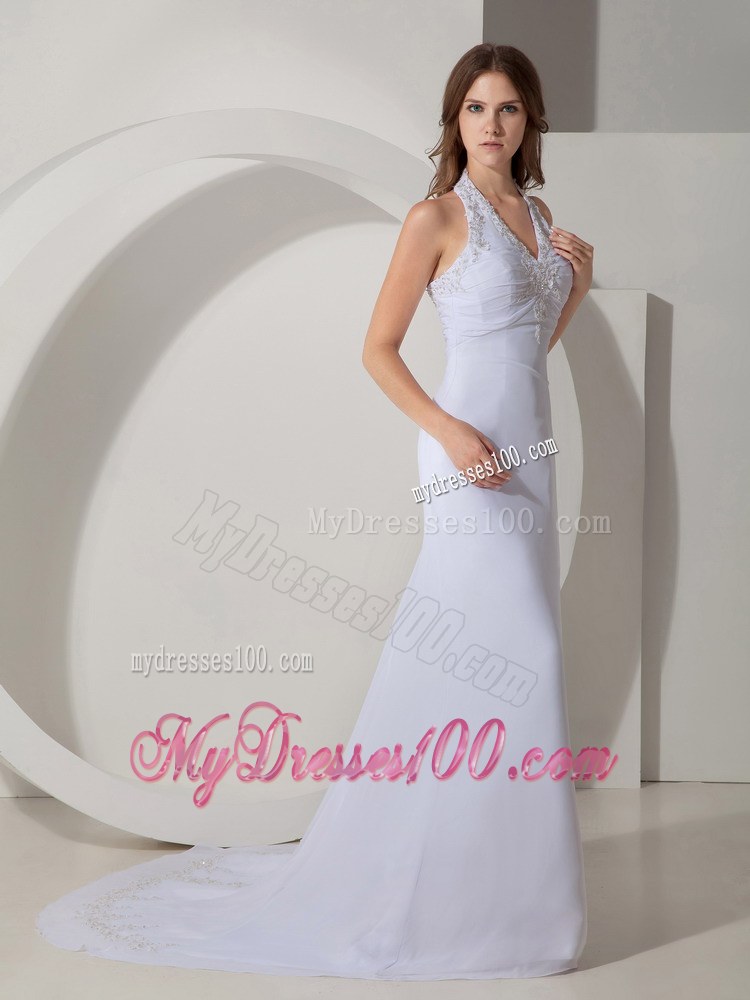 Elegant Wedding Dress Column / Sheath Halter Beading Court Train