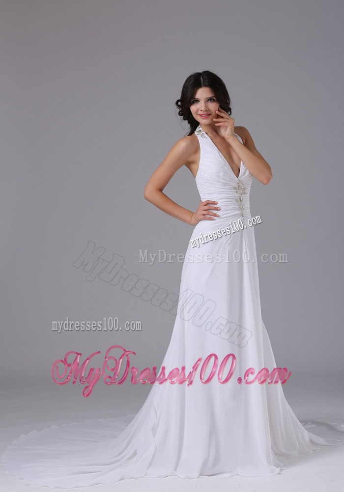 Brush Train Halter Empire Wedding Dress with Ruching and Beading