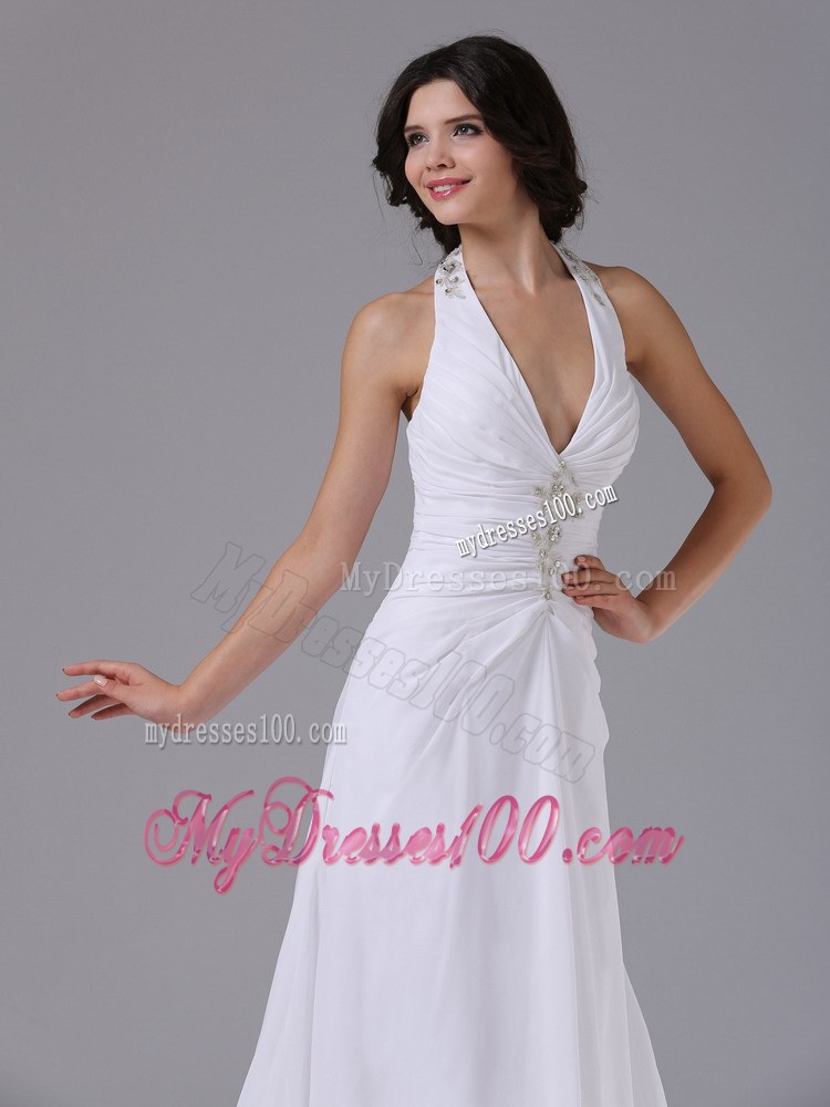 Brush Train Halter Empire Wedding Dress with Ruching and Beading