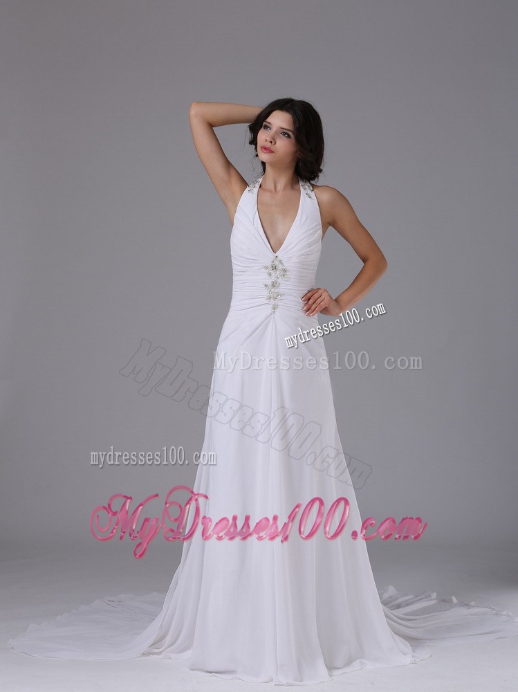 Brush Train Halter Empire Wedding Dress with Ruching and Beading