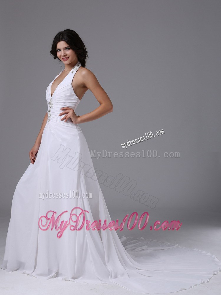 Brush Train Halter Empire Wedding Dress with Ruching and Beading
