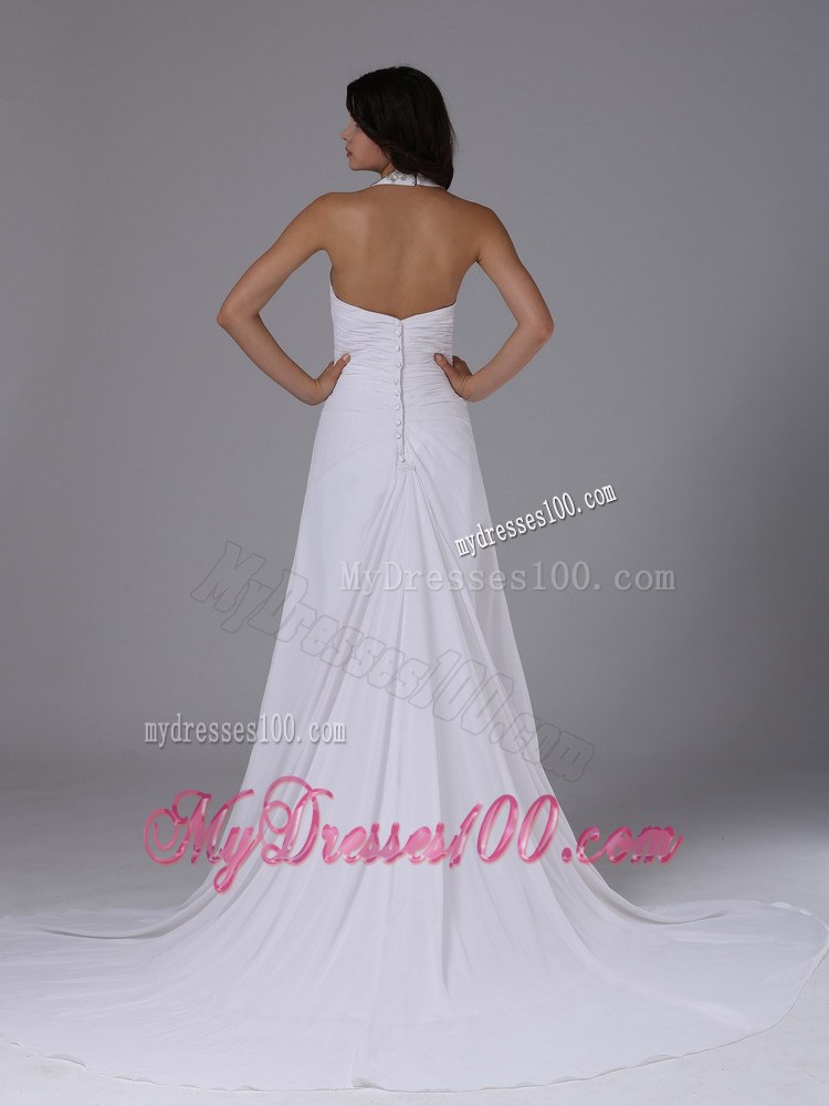 Brush Train Halter Empire Wedding Dress with Ruching and Beading