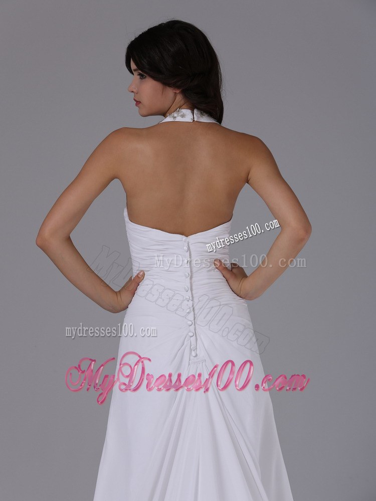 Brush Train Halter Empire Wedding Dress with Ruching and Beading