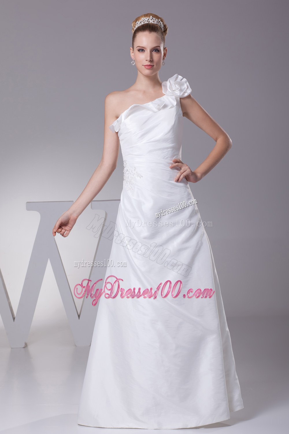 Hand Made Flower One Shoulder Column Long Wedding Dress