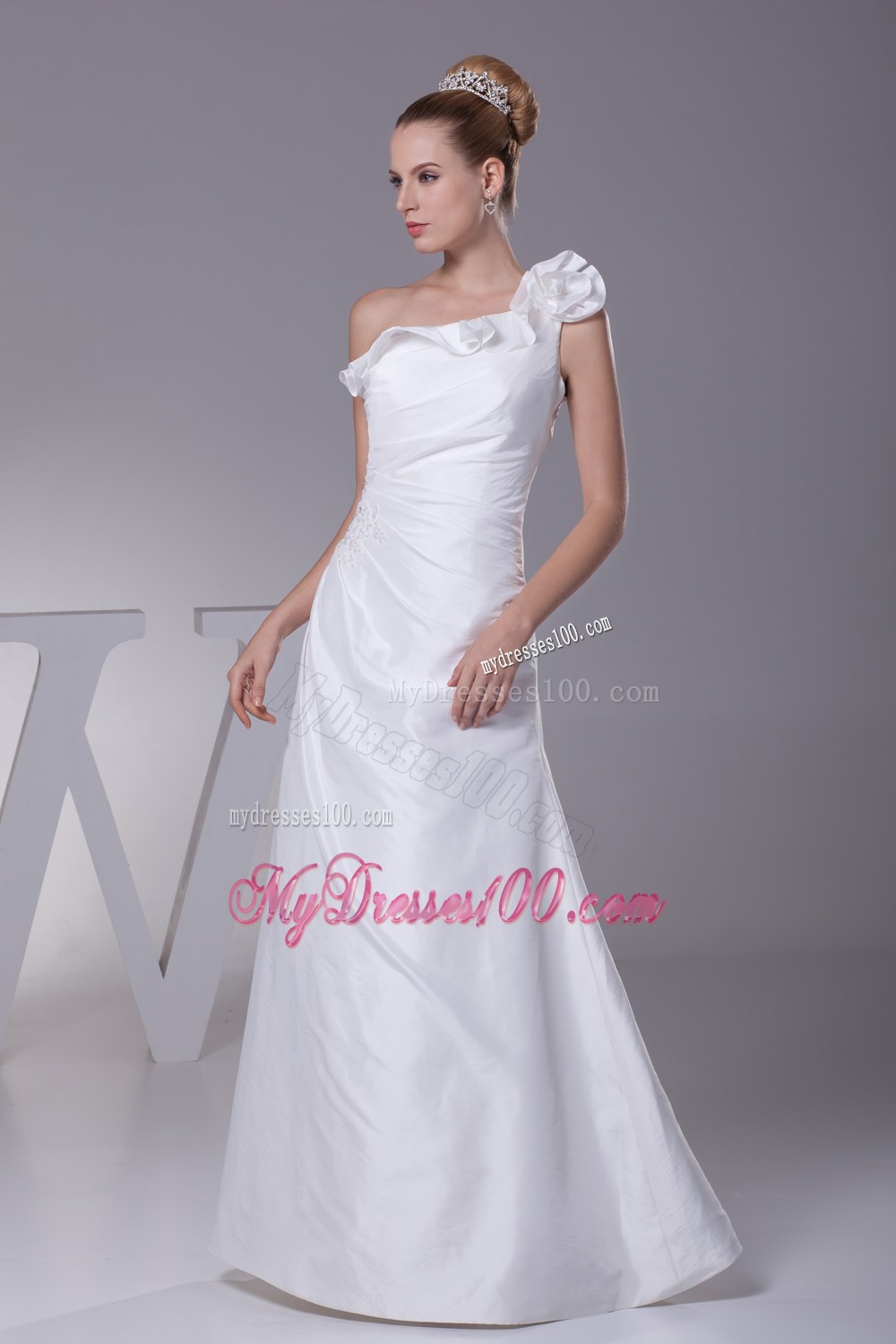 Hand Made Flower One Shoulder Column Long Wedding Dress