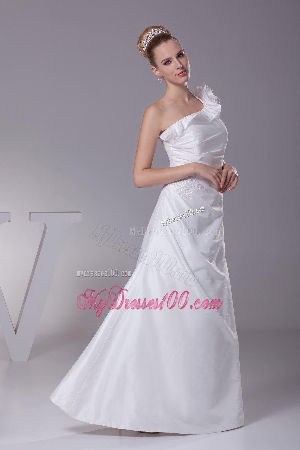 Hand Made Flower One Shoulder Column Long Wedding Dress