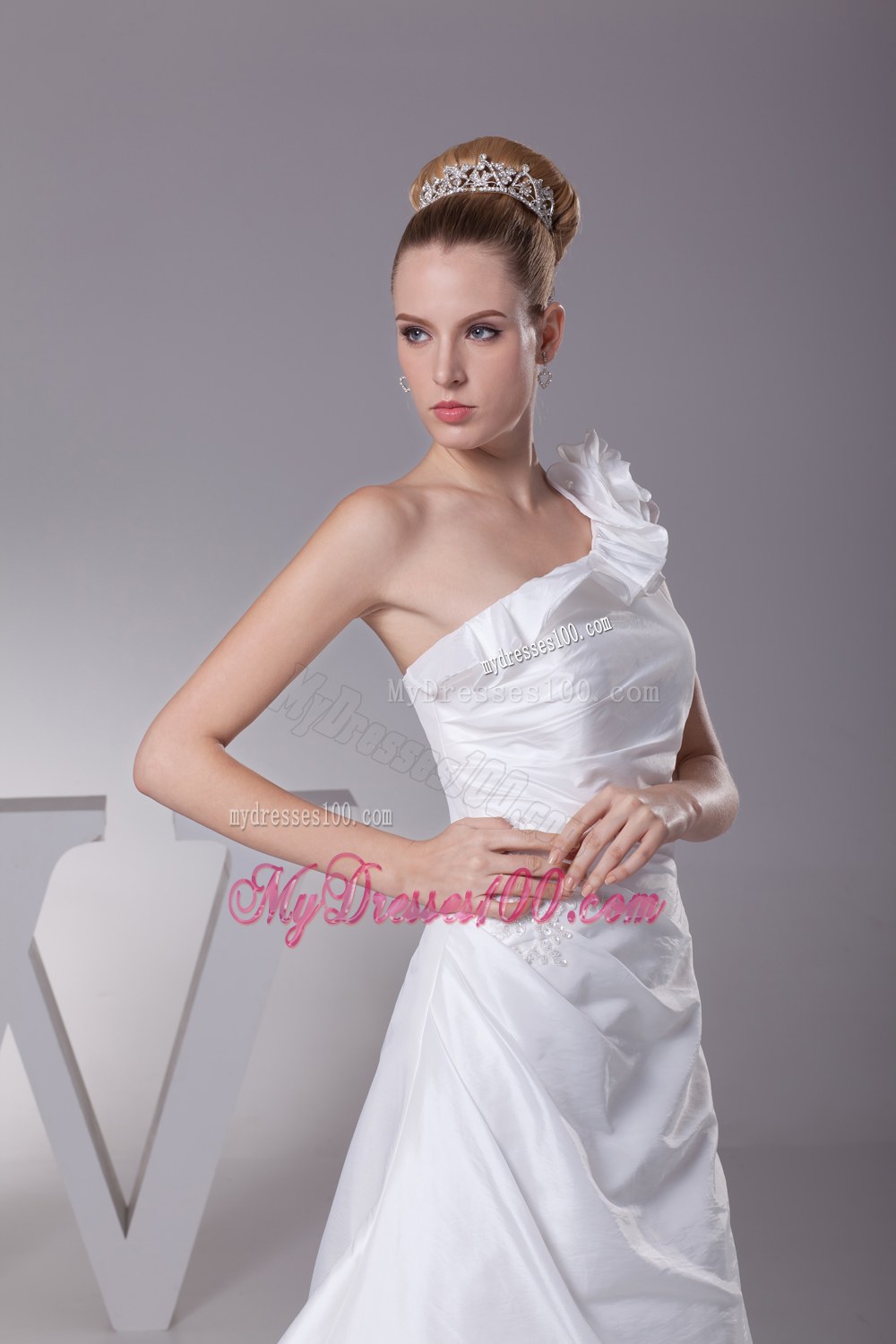 Hand Made Flower One Shoulder Column Long Wedding Dress
