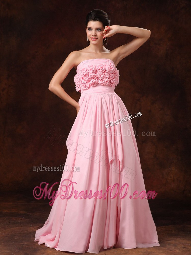Hand Made Flower Strapless Pink Empire Court Train Wedding Gowns