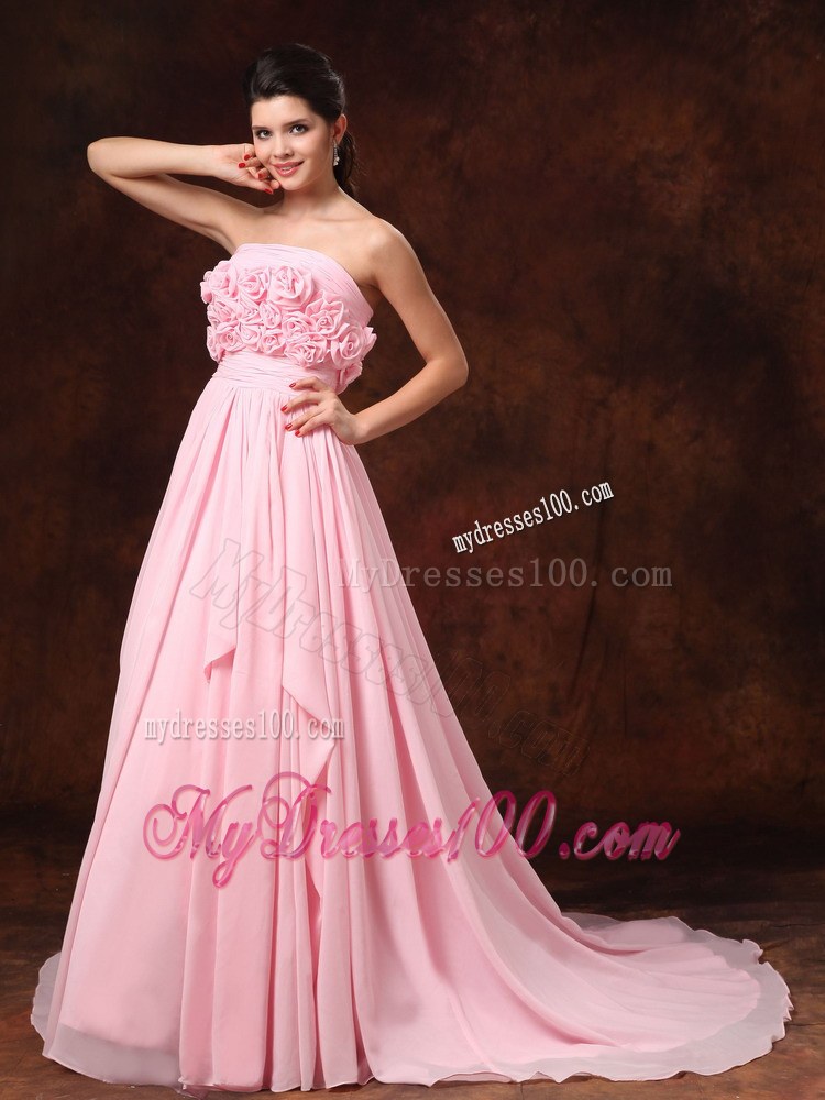 Hand Made Flower Strapless Pink Empire Court Train Wedding Gowns