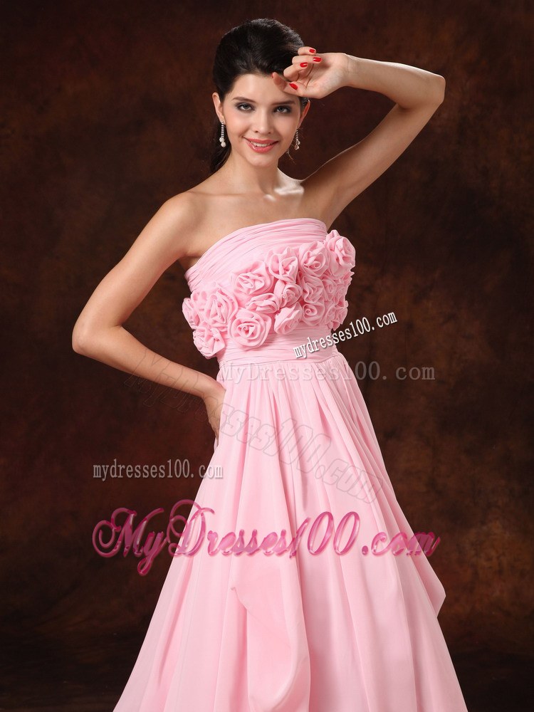 Hand Made Flower Strapless Pink Empire Court Train Wedding Gowns