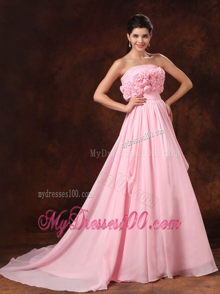 Hand Made Flower Strapless Pink Empire Court Train Wedding Gowns