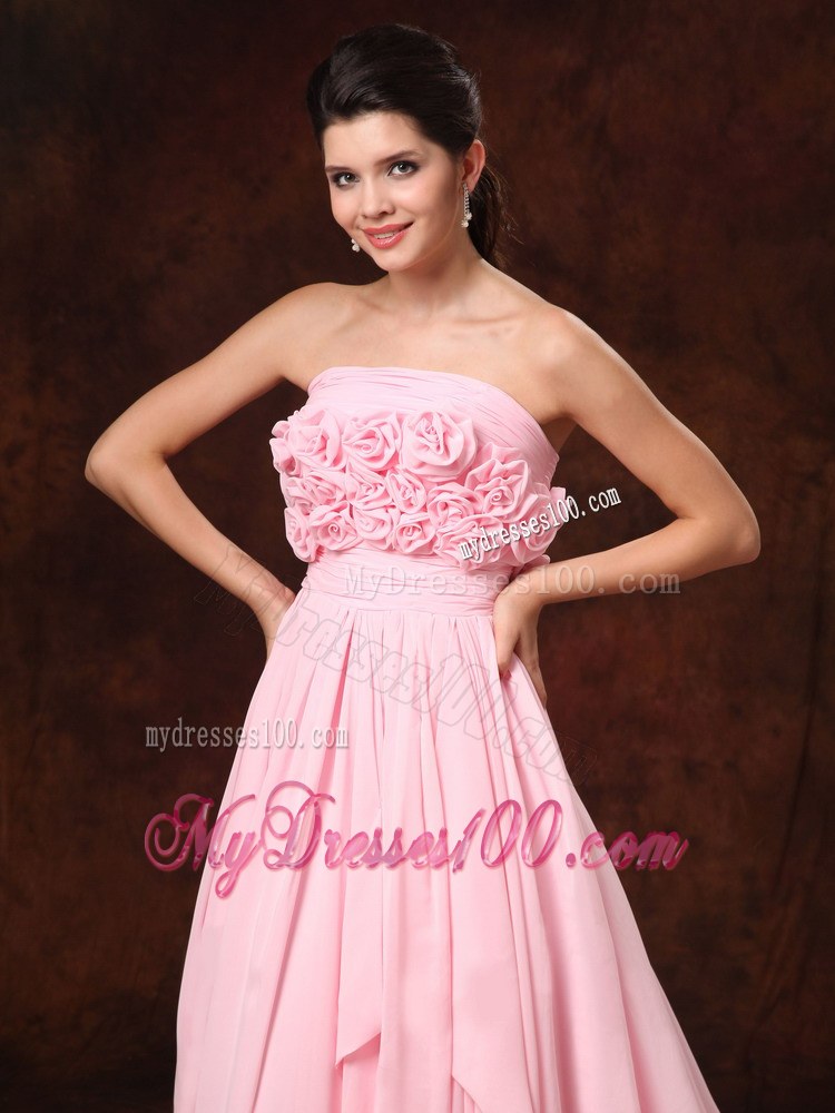 Hand Made Flower Strapless Pink Empire Court Train Wedding Gowns