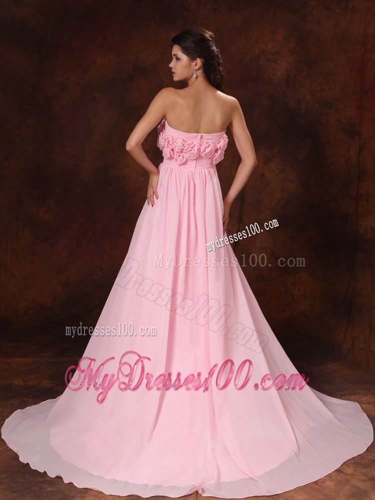 Hand Made Flower Strapless Pink Empire Court Train Wedding Gowns