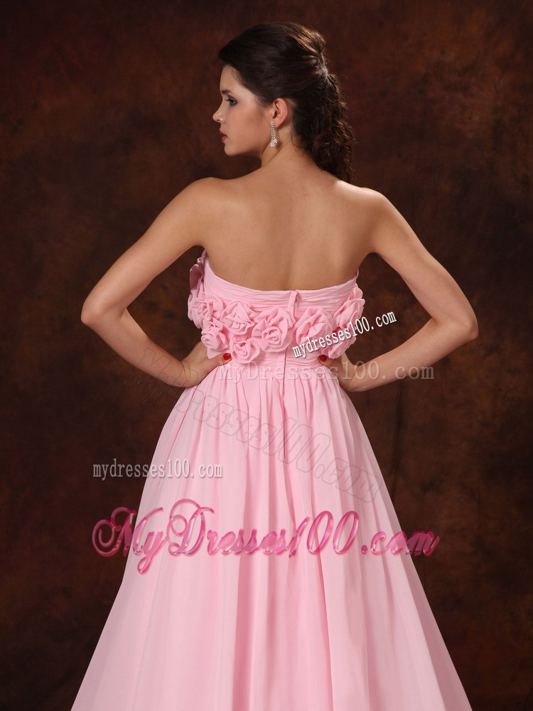 Hand Made Flower Strapless Pink Empire Court Train Wedding Gowns
