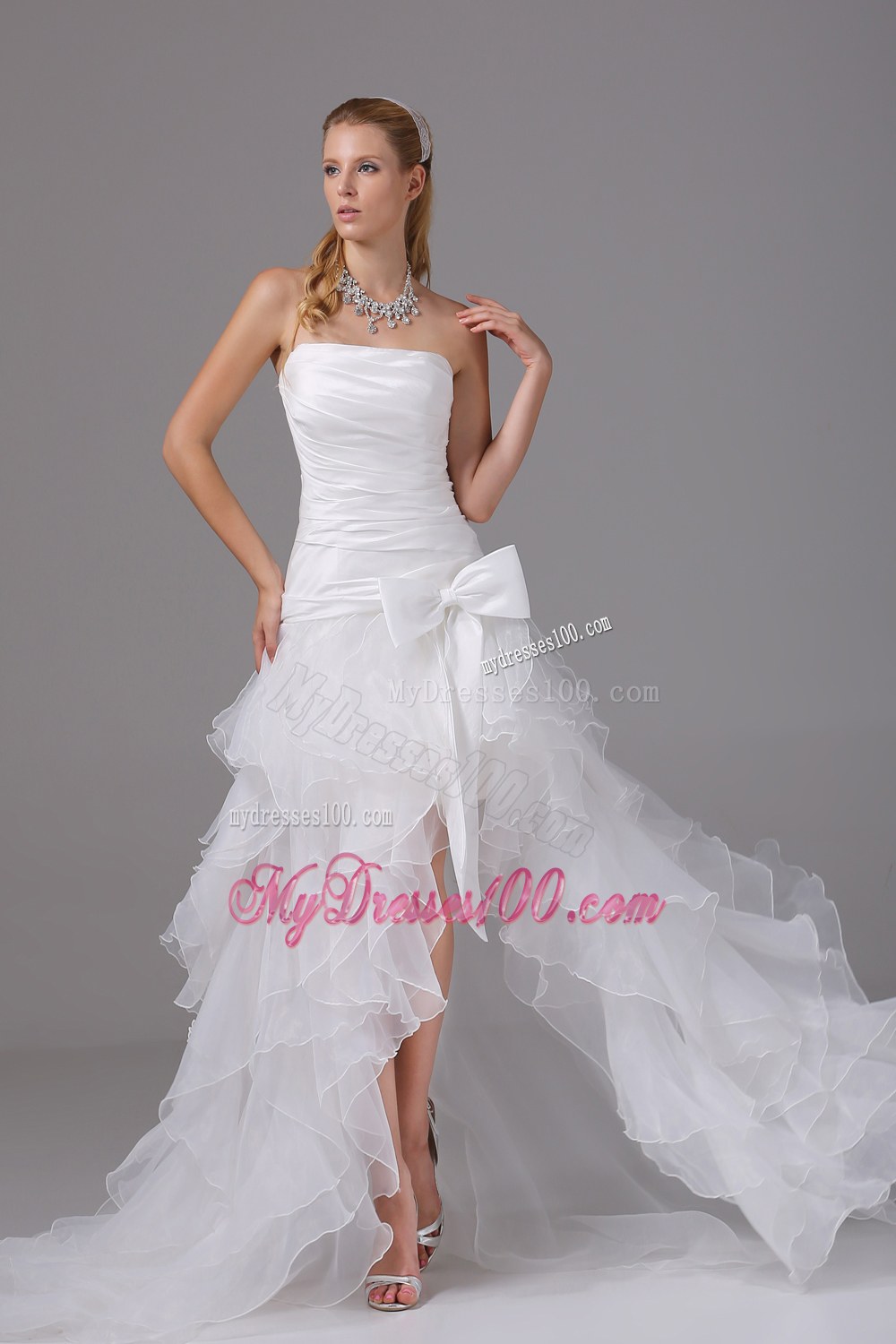High-low Strapless Wedding Dress with Ruffled Layers and Bow