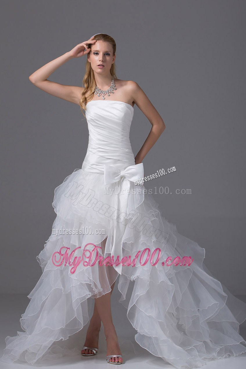 High-low Strapless Wedding Dress with Ruffled Layers and Bow