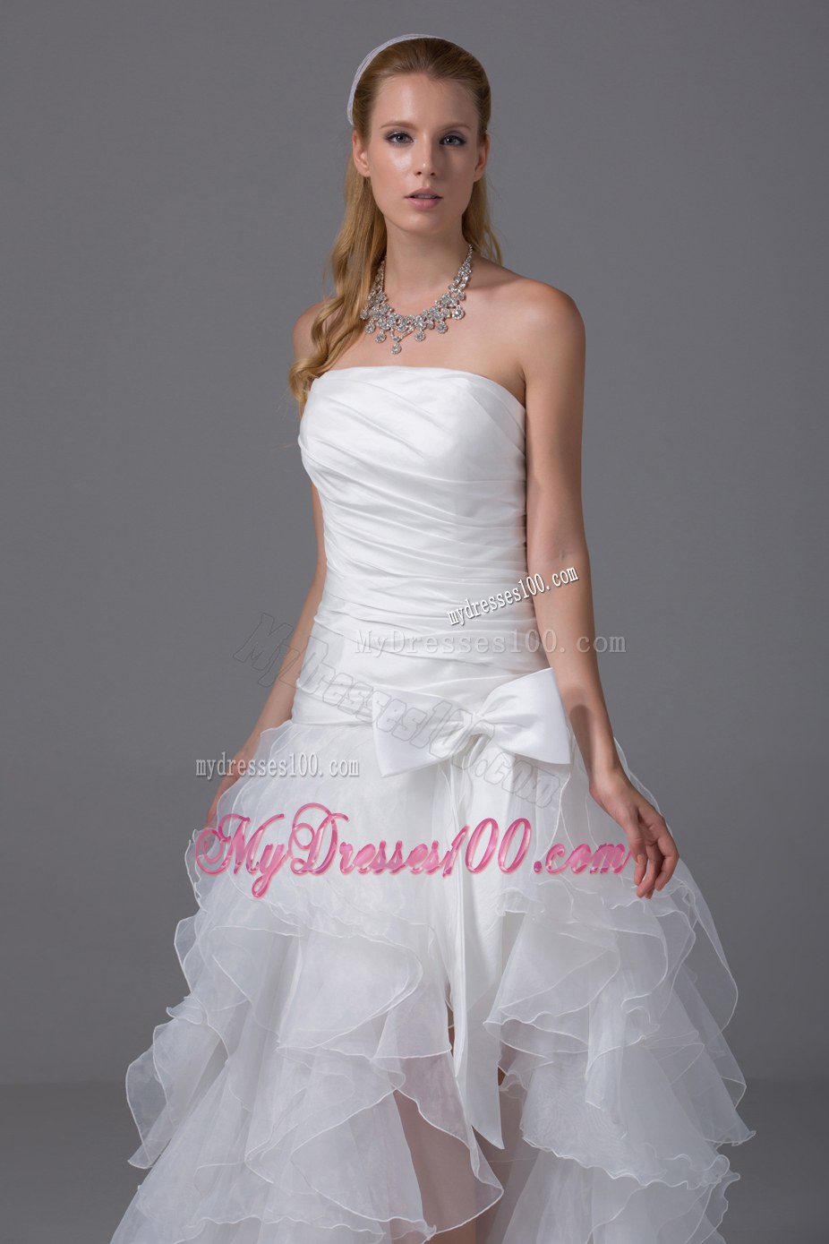 High-low Strapless Wedding Dress with Ruffled Layers and Bow