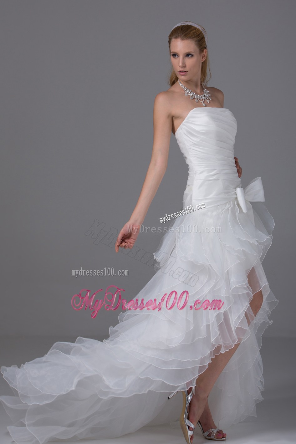 High-low Strapless Wedding Dress with Ruffled Layers and Bow