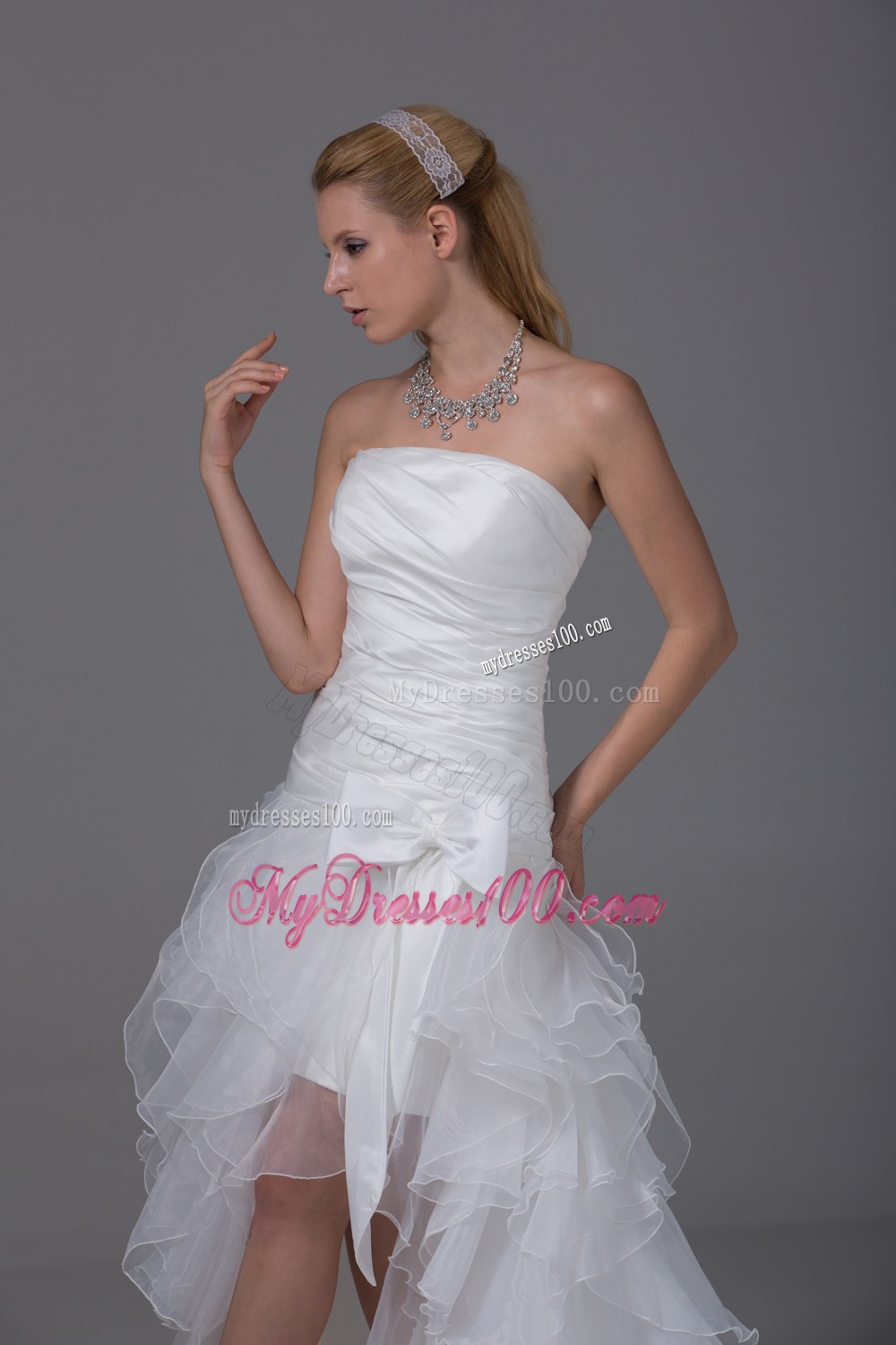 High-low Strapless Wedding Dress with Ruffled Layers and Bow