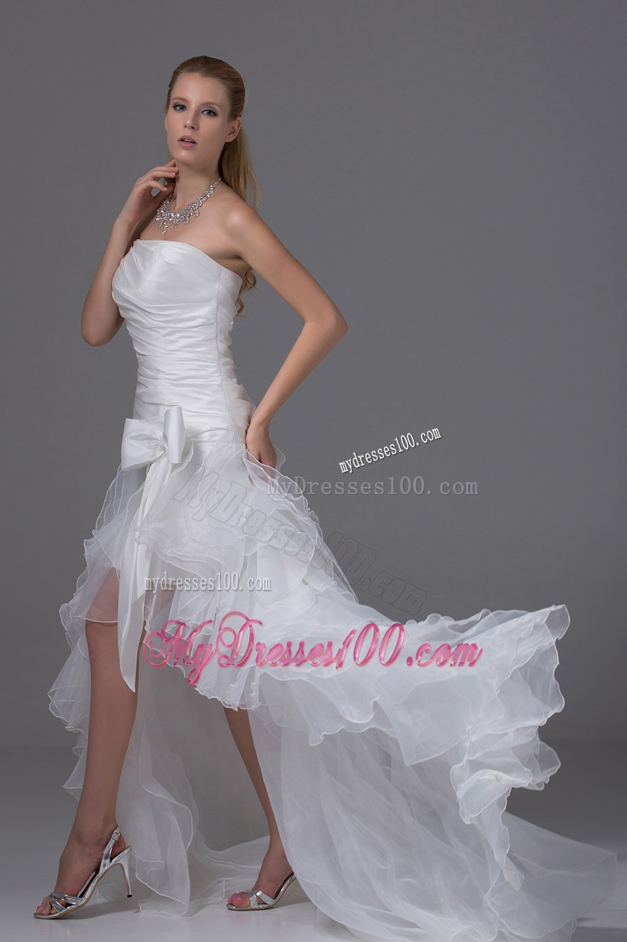 High-low Strapless Wedding Dress with Ruffled Layers and Bow
