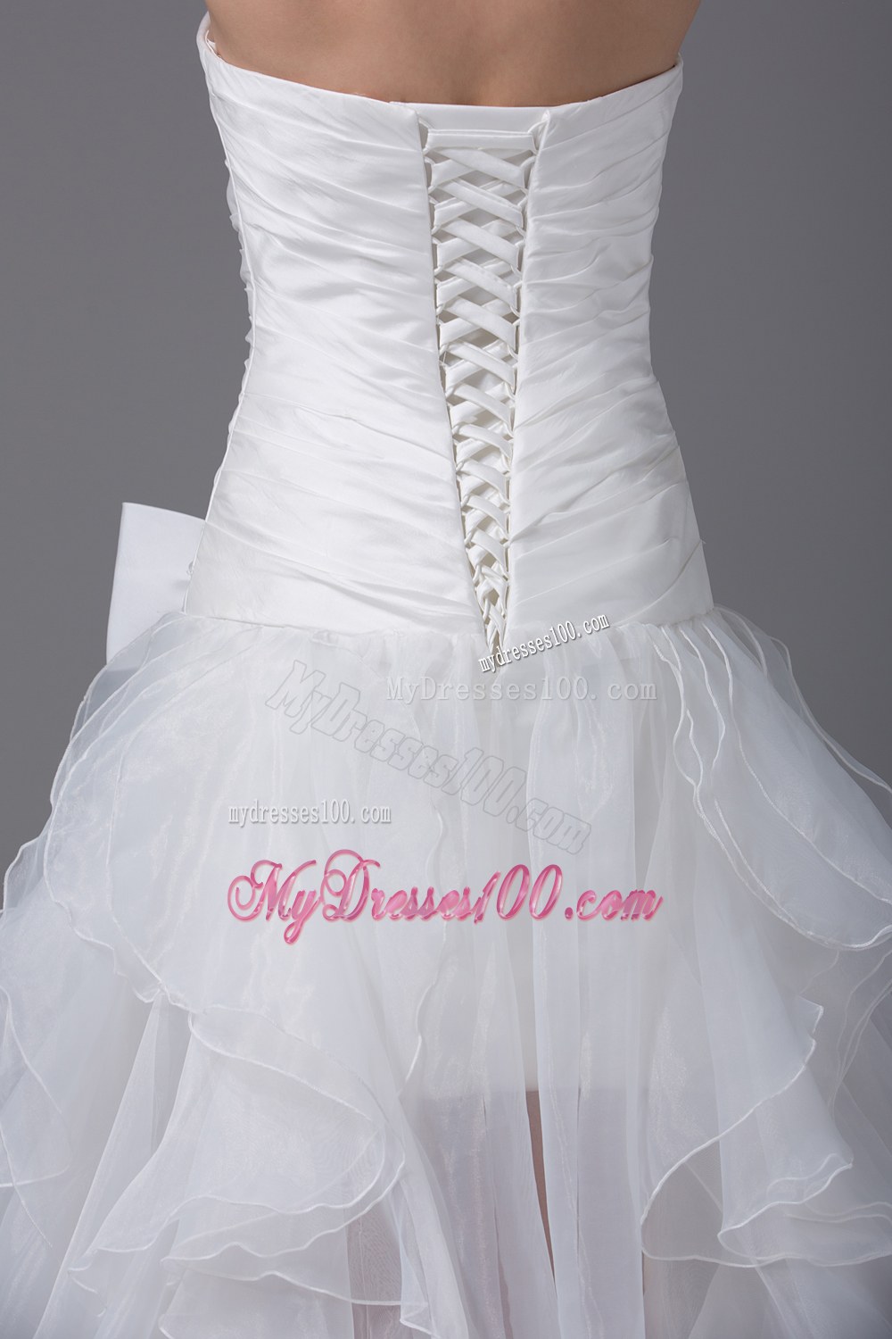 High-low Strapless Wedding Dress with Ruffled Layers and Bow