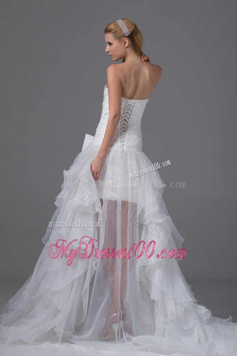 High-low Strapless Wedding Dress with Ruffled Layers and Bow