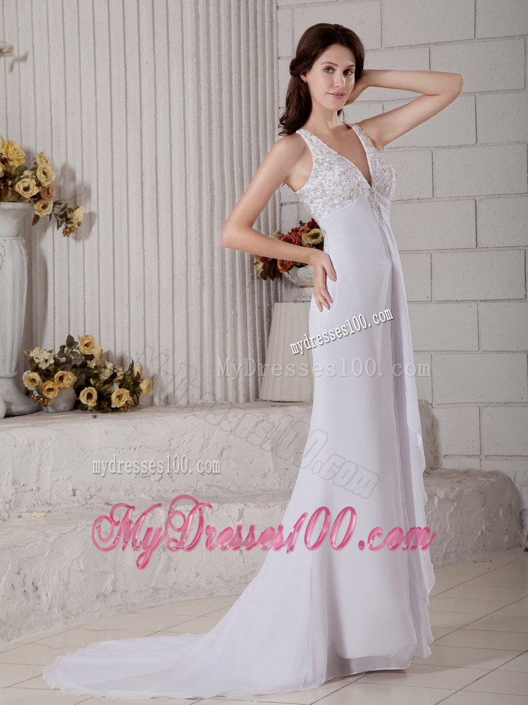 Impression Column V-neck Brush Train Lace Beaded Wedding Dresses